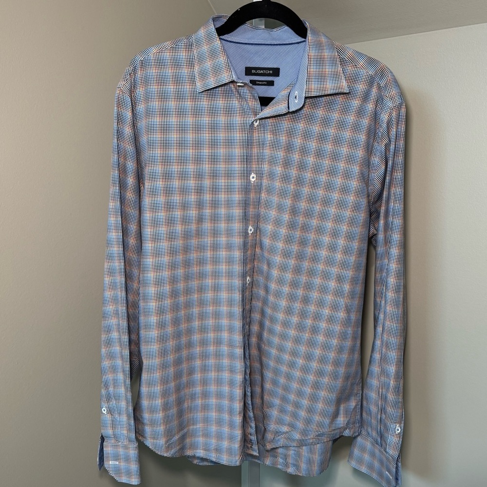 Bugatchi Plaid Button Down Shirt Shaped Fit Long Sleeve Cotton Size Large M24